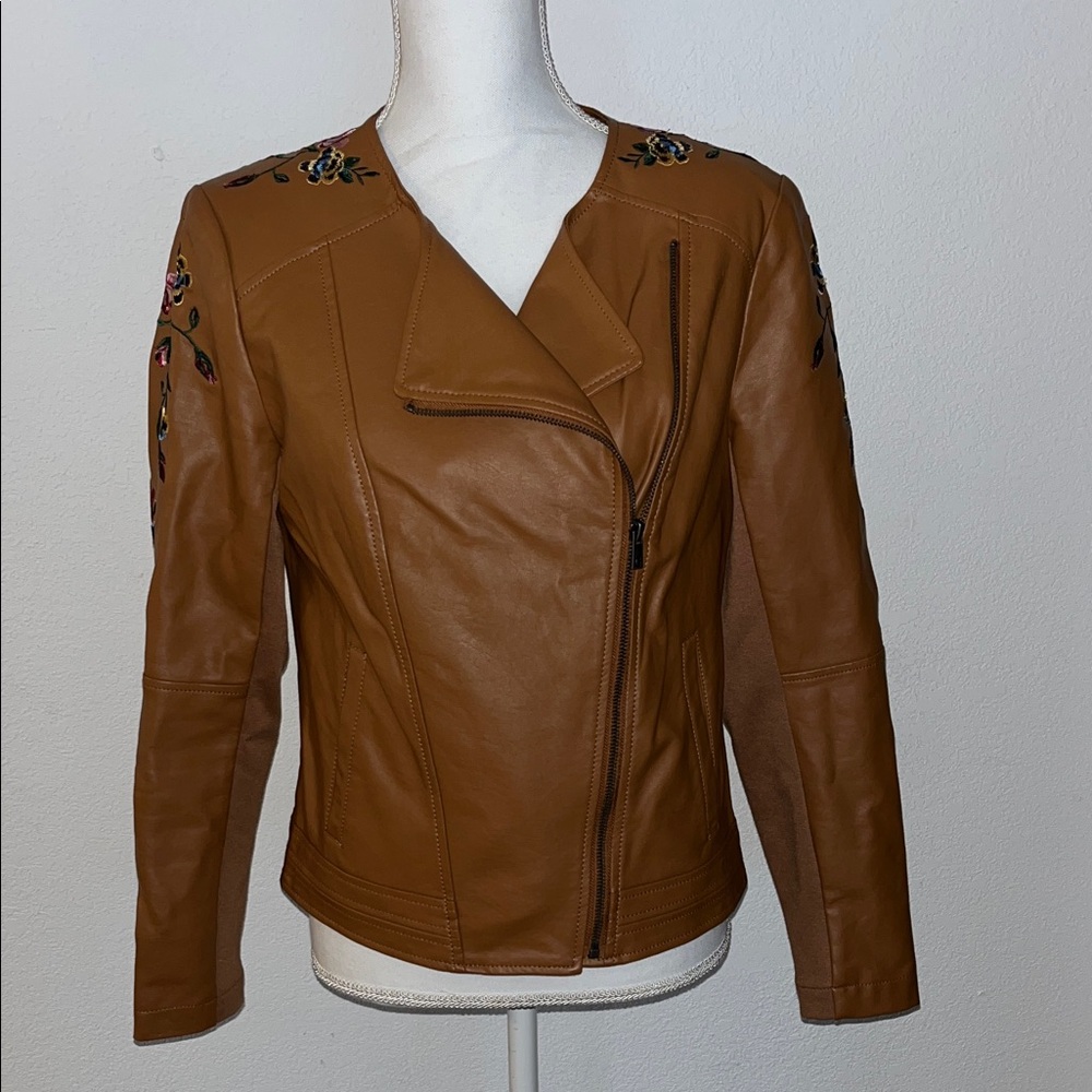 G by Giuliana Tan Leather Jacket with Floral Embroidery